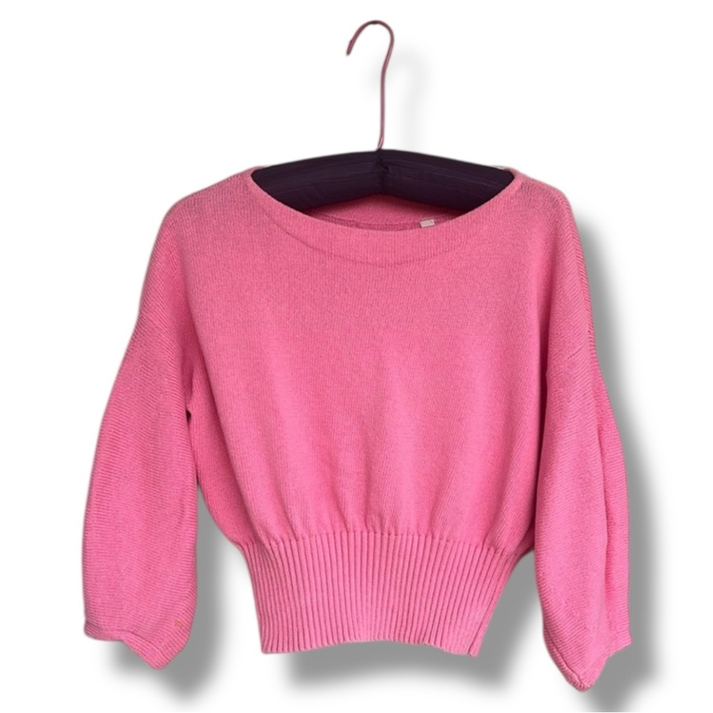 Anthropologie Knitted & Knotted Pink Cropped Balloon Sleeve Sweater Size Large - Picture 2 of 15